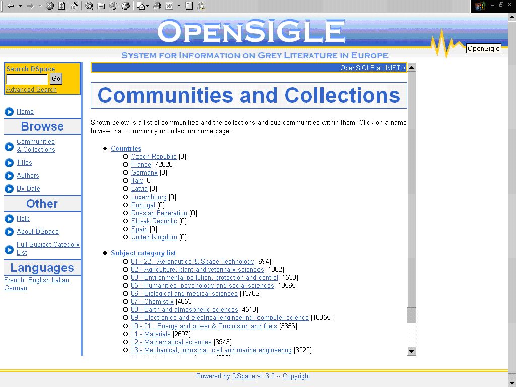 Obr. č. 1: Podstránka domovské stránky prototypu online zpřístupňování databáze OpenSIGLE s přehledem fondů komunit zemí a předmětových kategorií [získáno 2007-09-20]