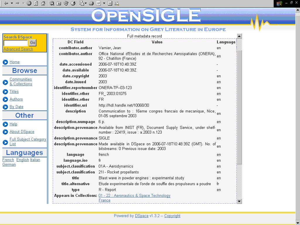 Obr. č. 5: zobrazení úplného výstupního záznamu (DC/DSpace) francouzské zprávy z roku 1997 v databázi OpenSIGLE [získáno 2007-09-20]
