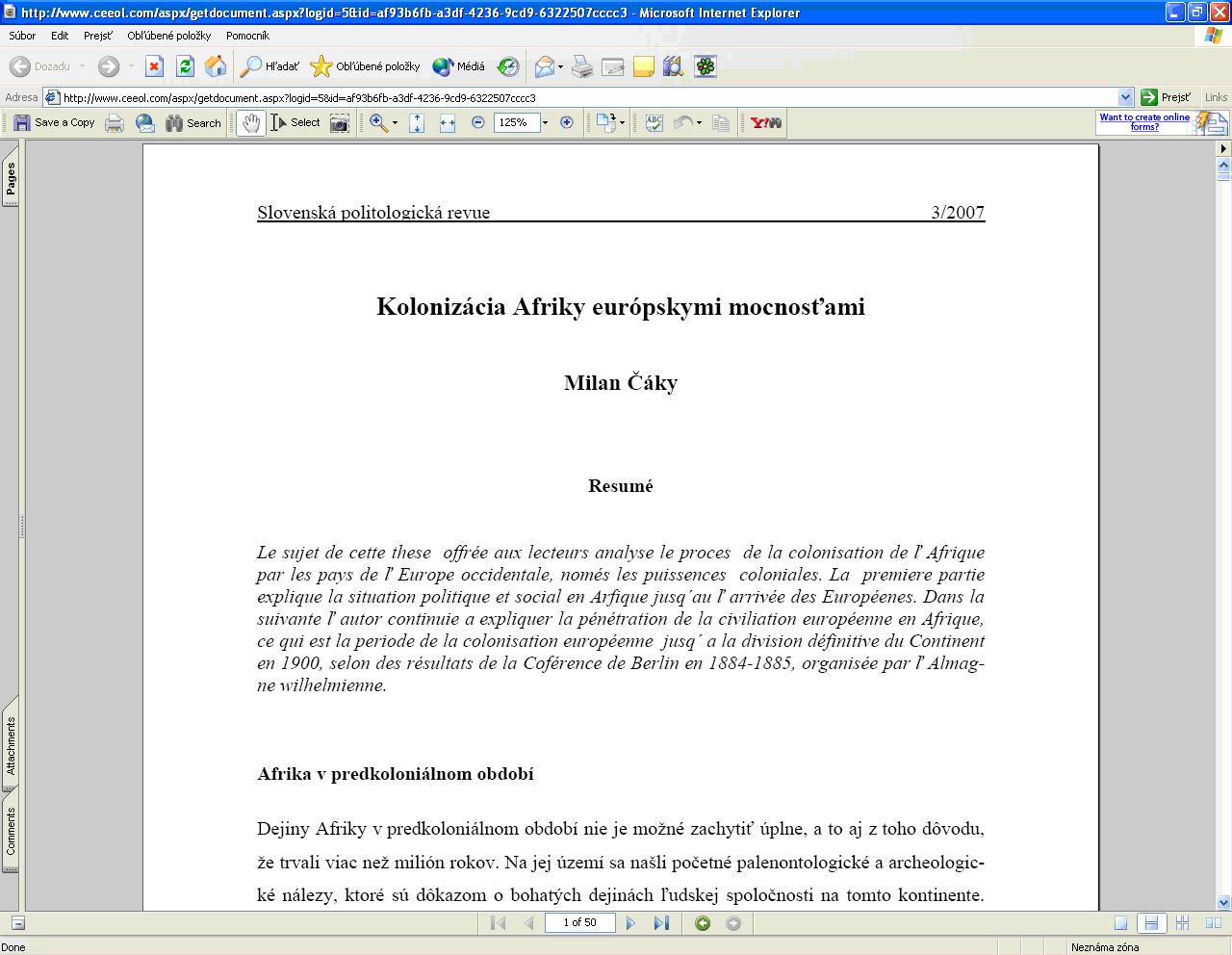 Obr. 7: Konkrétny článok v PDF formáte po kliknutí na tlačidlo „view“ (licencovaný prístup)