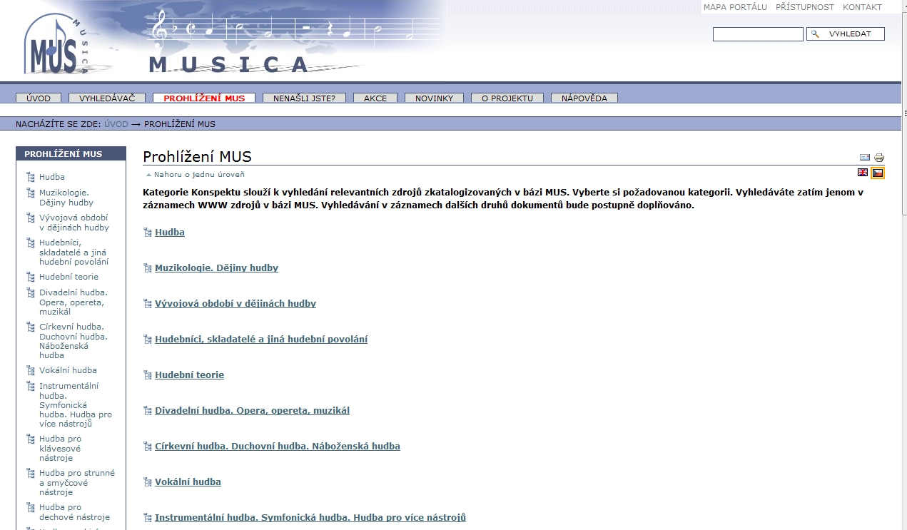 Sbírku webových odkazů můžete též prohlížet prostřednictvím kategorií Konspektu v Prohlížení MUS