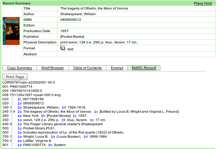 Obr. 4: Ukázka zobrazení úplného záznamu v systému Evergreen