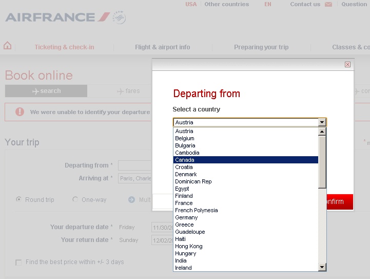 Užívat systém Air France je vždy velmi vzrušující. Nikdy třeba nevíte, jak bude reagovat na letenku koupenou přes Deltu s letem nalistovaným jako KLM a operovaným ČSA. A nebo jestli vůbec najdete zemi odletu.