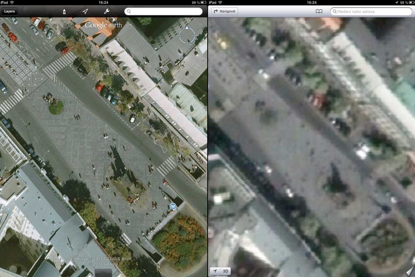 Srovnání kvality satelitních map v aplikaci Google Earth s novými mapami od Applu