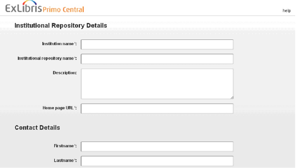 Registrační formulář k přidání institucionálního repozitáře do indexu Primo Central
