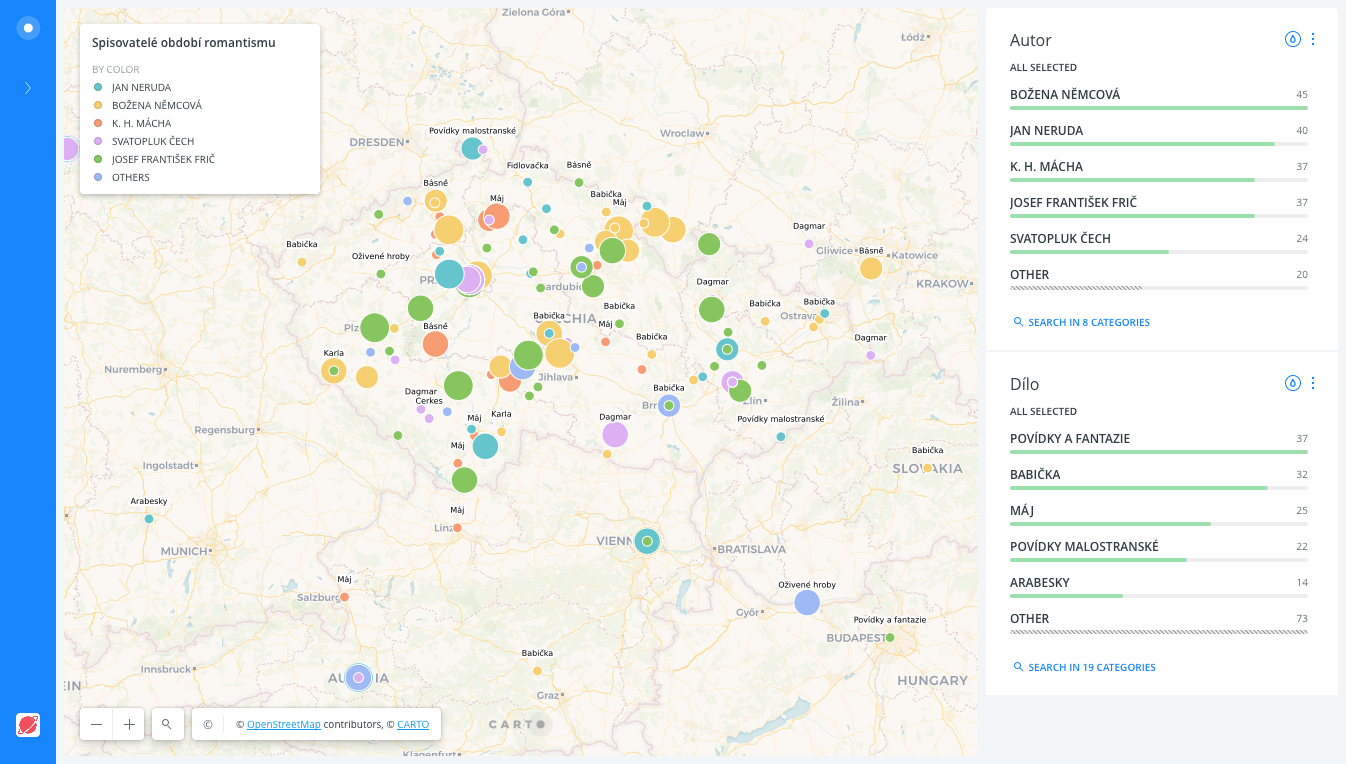 Ukázka mapové vizualizace českých romantických autorů v Carto